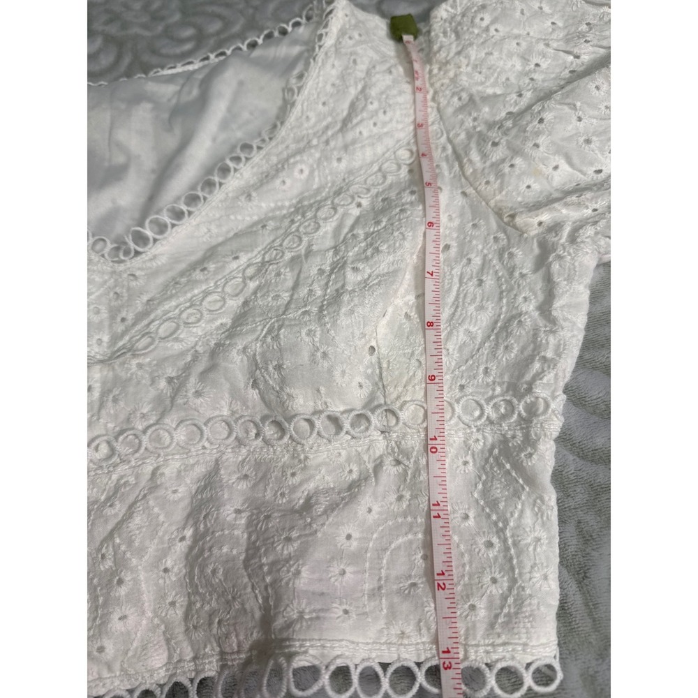 White Eyelet Lace V-Neck Crop Top Smocked Back Puff Sleeve Boho Cottagecore - Picture 5 of 12